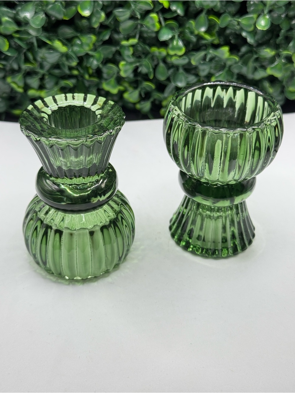 Set of 2 Reversible Ribbed Green Glass Duo-Candle Holders